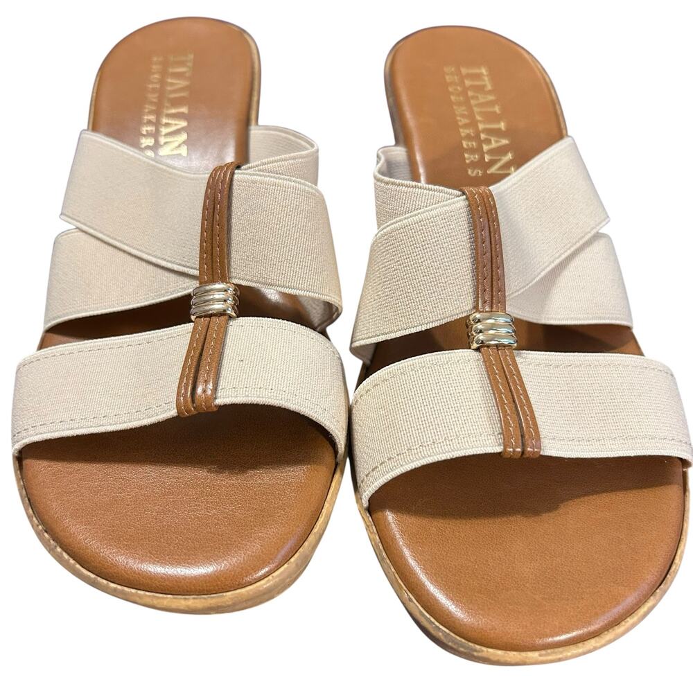 Italian Shoemaker Slip On Wedge Sandals SZ 7 Beige Flex Strap Open Toe